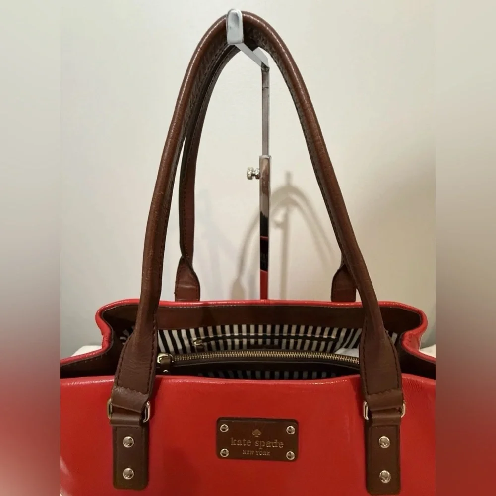 Kate Spade Patent Leather Cherry Red Tote Bag Brown Handles & Trim